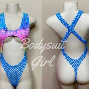 Handmade Blue Rainbow Tropical Print Crossback Thong Bodysuit